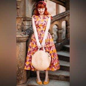 Modcloth Fit & Flare Pink Yellow Floral Cotton Midi Dress